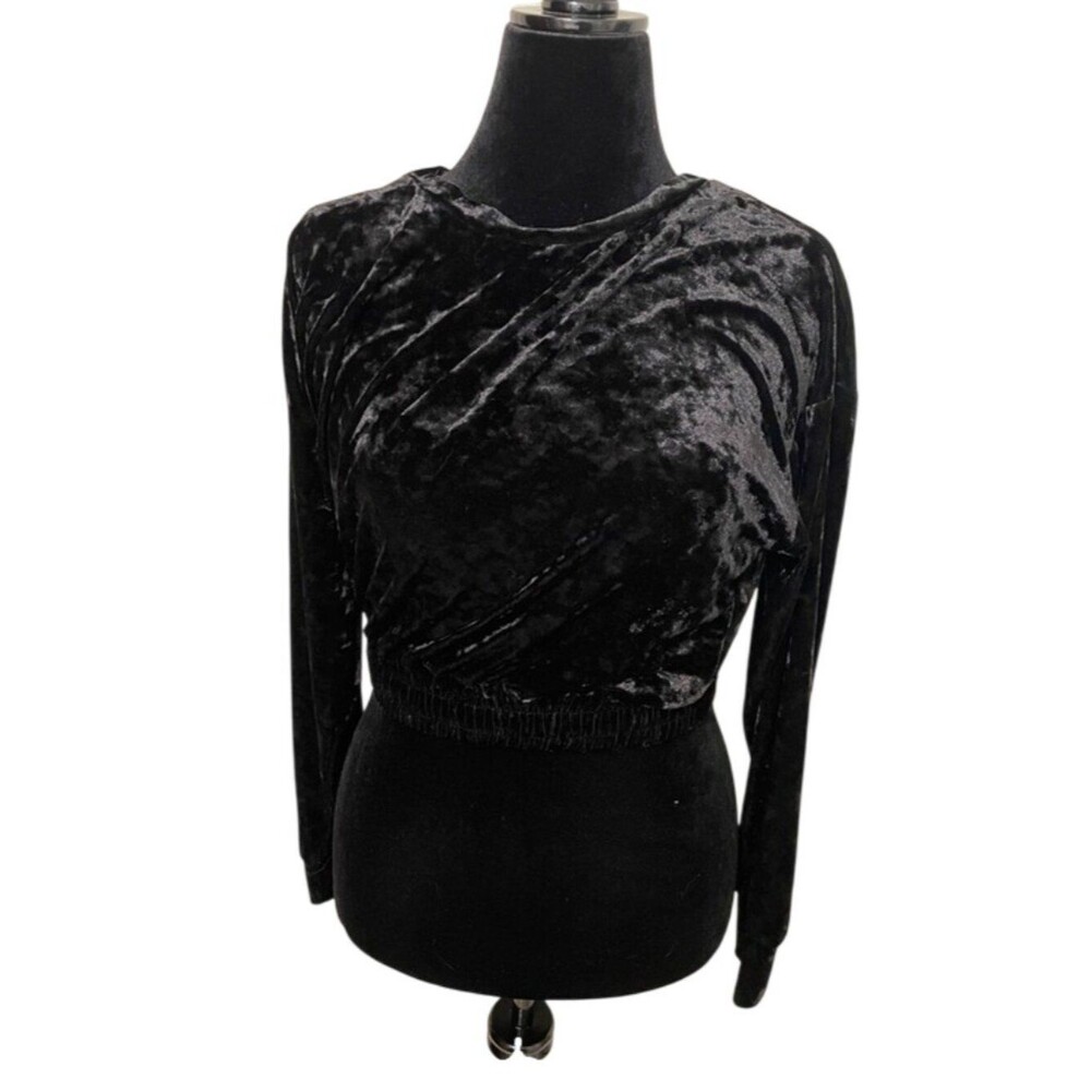 LIZAFUL Black Velvet Crop Top Womens Size 8 Long Sleeve Pullover Cozy Stretch
